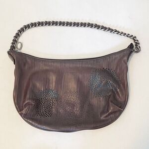Ssamzie Brown Leather Laser Cut Shoulder Bag Floral Pattern